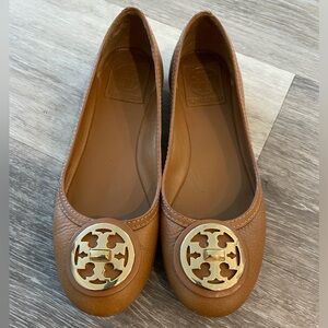 Tory Burch, Selma Flat, Brown Leather Ballet Flat Shoes Gold Logo Sz 5